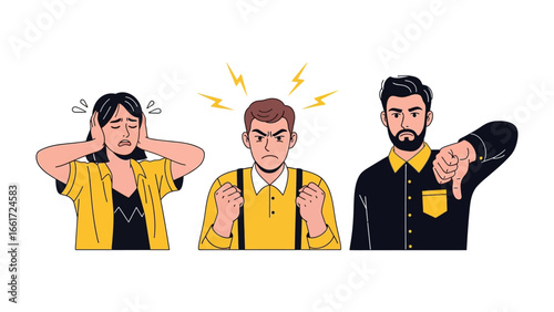 Frustration Expressed:  A trio of figures embodies the essence of negativity, displaying a range of emotions. One covers ears, another expressing a frustrated look.