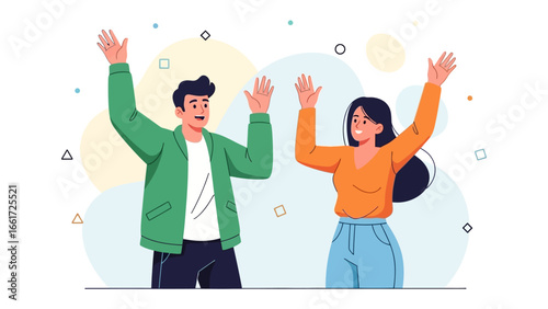Happy Couple Celebration: A joyful couple celebrates with arms raised high, expressing happiness and excitement.