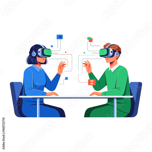 Virtual Reality Collaboration: A stylized illustration captures a moment of innovation, showcasing two individuals engaged in collaborative work while wearing virtual reality headsets.