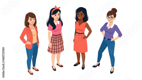 Women's diversity: Four diverse women stand side by side, showcasing their unique personalities and styles, embodying strength, solidarity, and the beauty of being different.