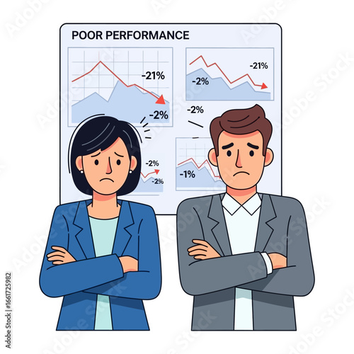 Financial Concerns: A depiction of worry and disappointment unfolds, featuring business professional, their expressions mirroring the downturn showcased in the performance charts.