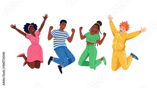 Joyful Leap: Diverse youth celebrate with exuberant jumps, their arms outstretched in a dynamic display of unity and shared happiness.