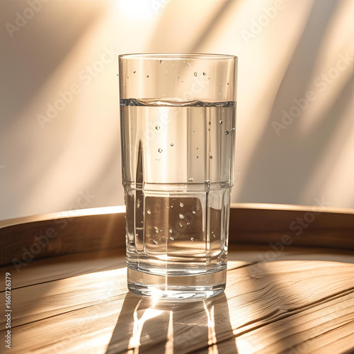 Clear glass of water on a sunlit wooden table, minimalistic and bright still life with natural light reflections and soft shadows