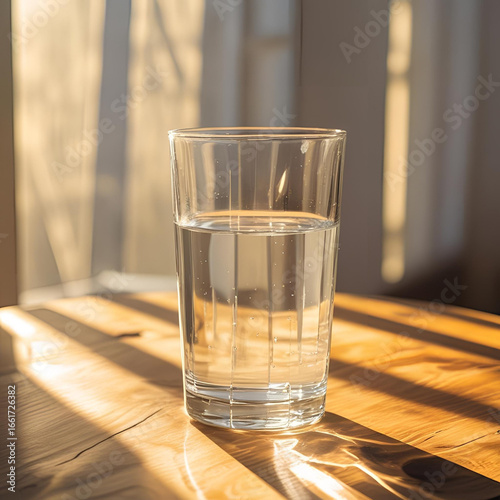Clear glass of water on a sunlit wooden table, minimalistic and bright still life with natural light reflections and soft shadows
