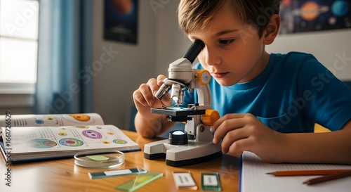 Close-up portrait of young student working with microscope in his room. Child and science experiments. Kid studying samples under the microscope. Preparing for science lesson