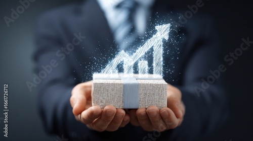 Businessman holds a gift box with a growing graph