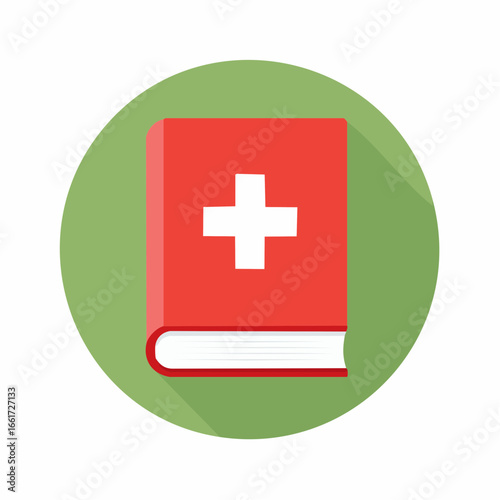 Icon of a red book with a white cross on a green circle