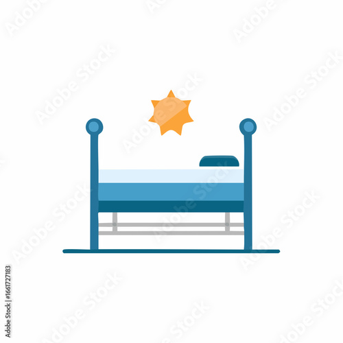 Flat design graphic of a comfortable bed with a shining sun representing morning and good sleep