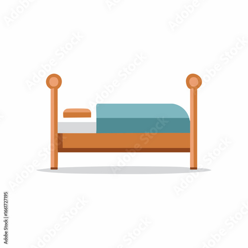 Simple wooden bed with blue bedding and pillow in flat illustration style