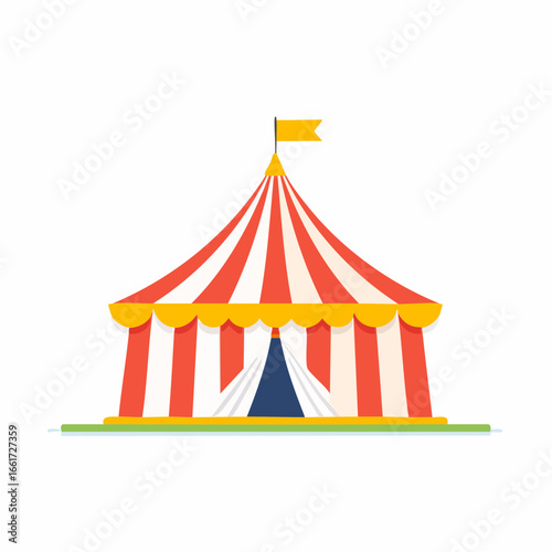 Colorful circus tent illustration with red and white stripes, yellow details and flag.