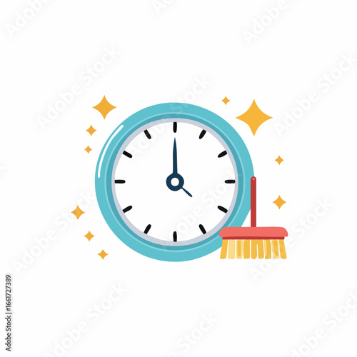 Clock showing time to clean with a broom and sparkles icon