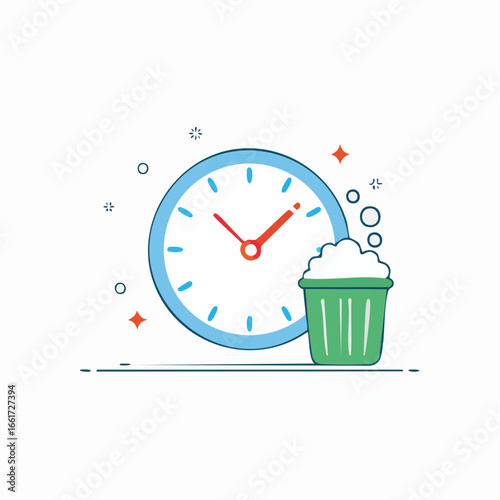 Cartoon clock with a wastebasket illustration