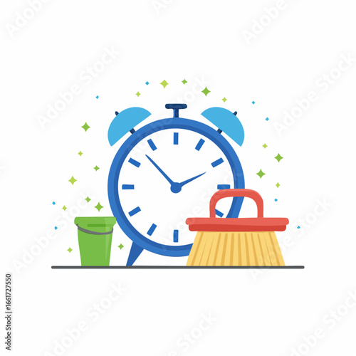 Cleaning Time Concept with Alarm Clock, Scrub Brush and Bucket Icon Illustration
