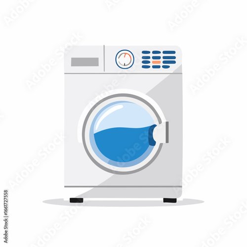 Front loading washing machine with clear glass door showing blue water inside