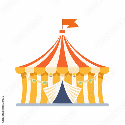 Colorful striped circus tent with flags and bunting for entertainment events