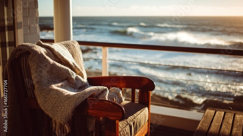 Cozy Chair with Blanket Overlooking Serene Ocean Waves at Sunset on a Peaceful Balcony