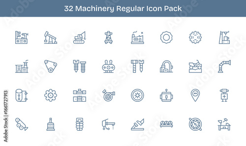 32 Icons for Machinery in Regular Line Format