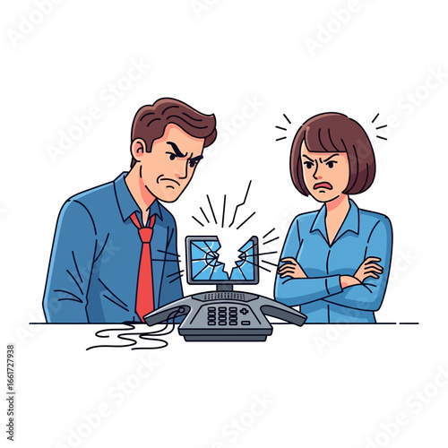 Frustrated Colleagues with Broken Monitor: Two colleagues display expressions of frustration and disappointment as they observe the shattered screen of a computer monitor.