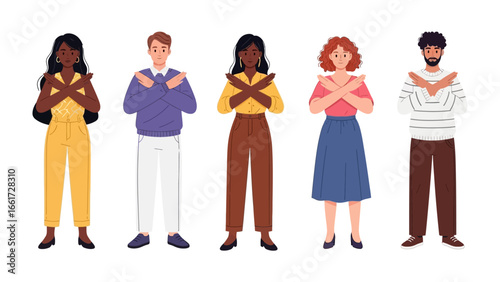 Unified Opposition: An illustrative visual representation of a diverse group of people, each standing in solidarity, arms crossed in a symbolic gesture of protest and refusal, illustrating unity. 