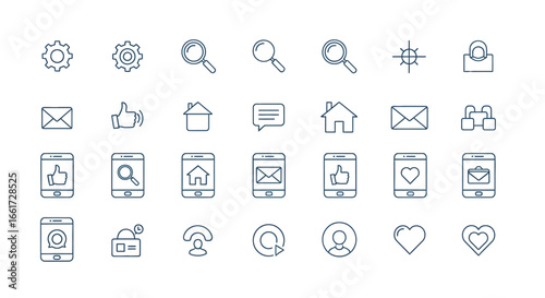 A collection of outlined icons representing settings, search, home, email, social media, and communication functions, arranged in a grid pattern.