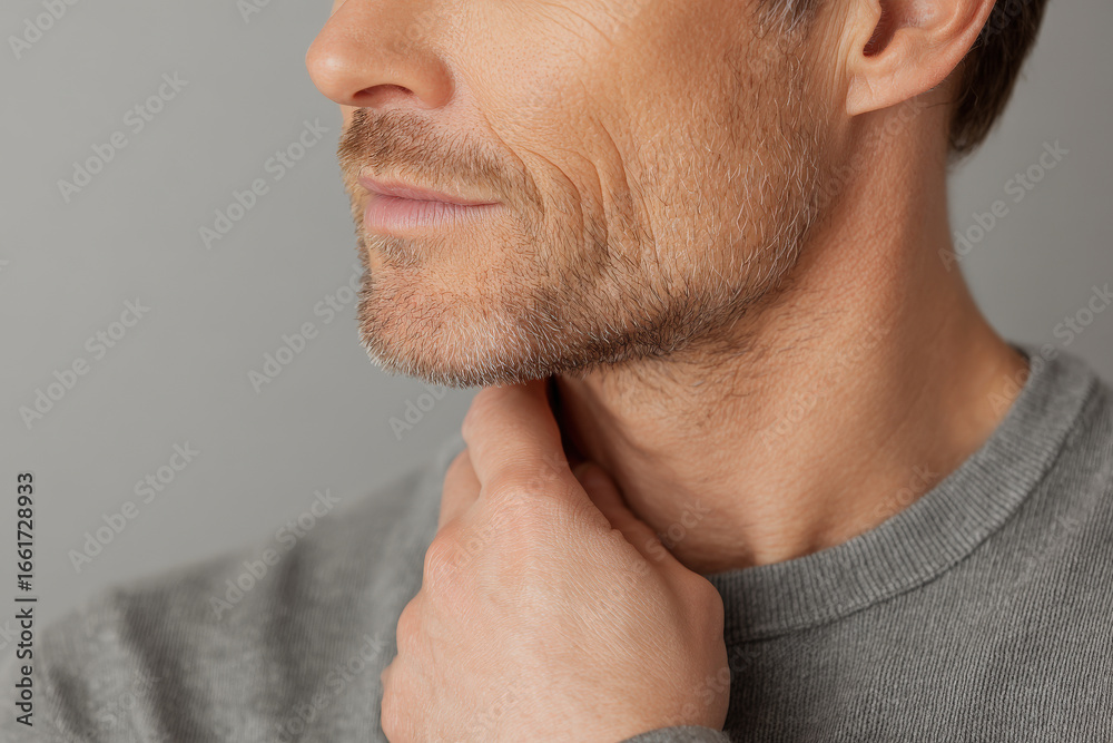 Obraz premium man gently places his hand on his neck showcasing moment of deep relaxation and tension relief