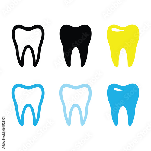 Collection of stylized tooth icons in various colors and styles