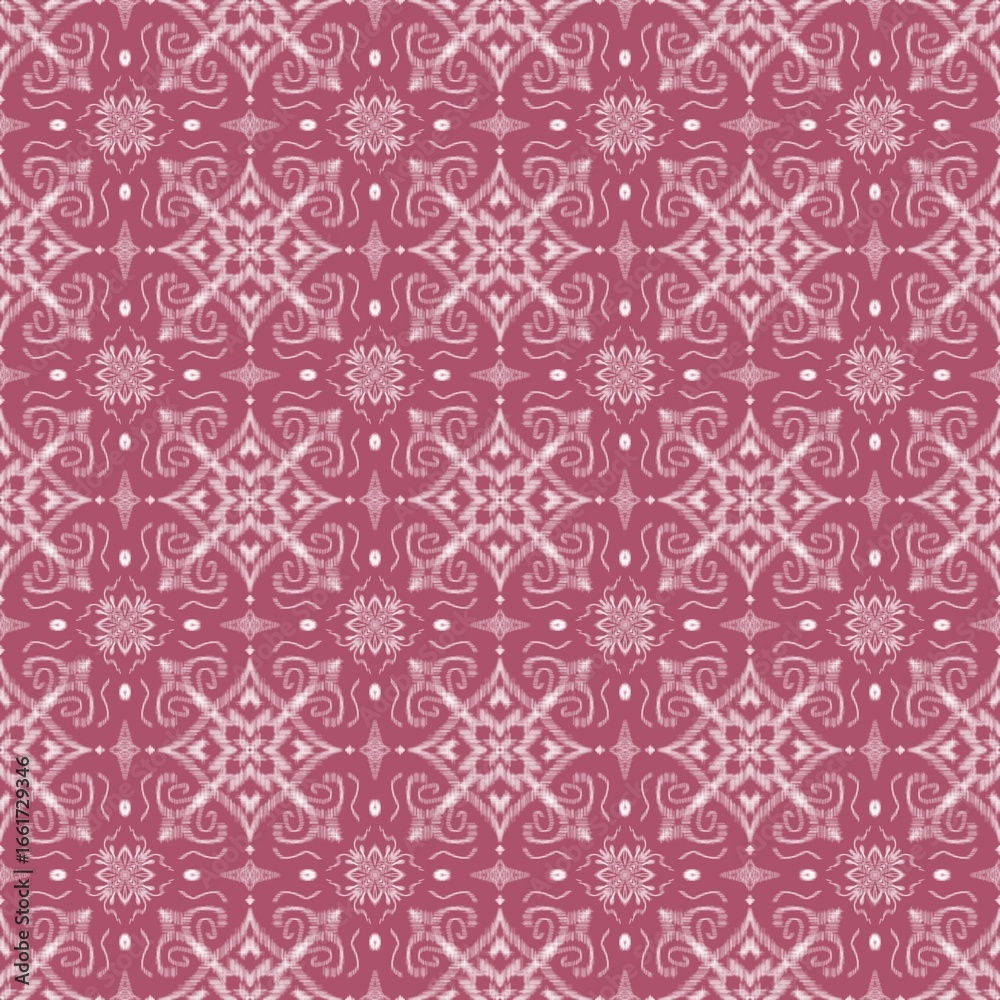 Fototapeta premium Seamless white and magenta intricate pattern Repeating floral motifs and geometric designs on a dark pink background