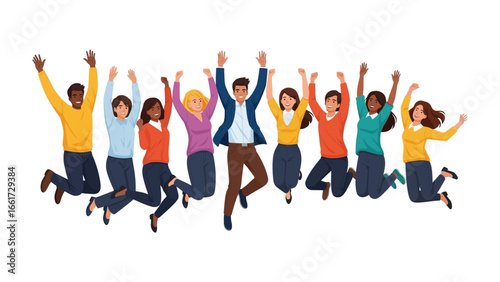 Celebrating Success: A group of diverse individuals, joyfully leaping into the air, representing unity and optimism with their arms raised high, highlighting the collective spirit of success.