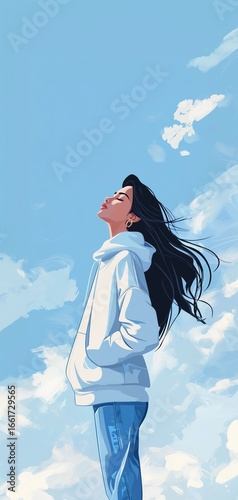 Illustration of Asian woman standing on clouds and looking up at sky,serene atmosphere,copy space.