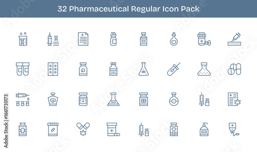 32 Regular Line Icons - Pharmaceutical Graphics