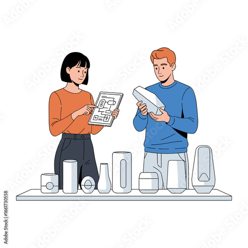 Product Discussion and Evaluation: Two individuals, immersed in focused inspection, meticulously analyze various product designs on a display.