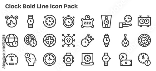 Bold Outline Style Clock Icons - 24 Vectors