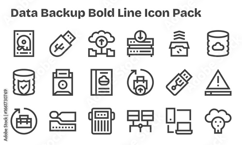 18 Data Backup Icons in Bold Line Aesthetic