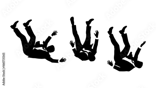 Falling Man Silhouettes: Dynamic black silhouette of a man in a business suit falling. Perfect for conveying risk, failure, and loss. 