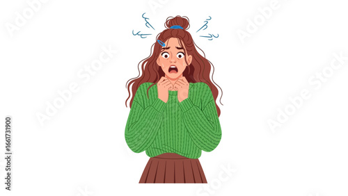 Captured in a Moment of Anxiety: Witness a young woman's expression of genuine fear and apprehension, rendered in a flat illustration, conveying an intimate view into the human condition.