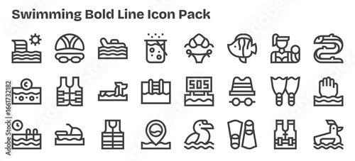 24 Bold Outline Style Icons - Swimming Collection