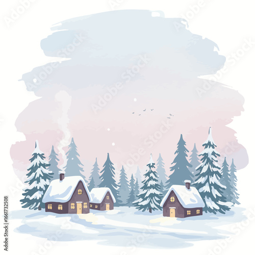 Cozy Winter Village Watercolor Landscape with Snowy Pine Trees and Cabins