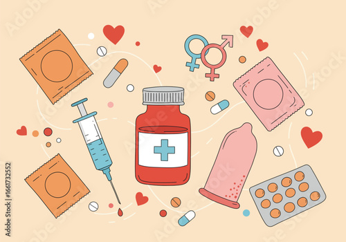 Various sexual health elements, flat vector illustration design