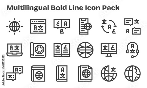Bold Line Icons - Multilingual Set with 18 Vectors