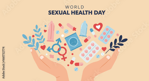 Vector illustrations of various sexual health tools and hands, flat vector illustration design