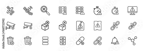 set of empty state line icon and editable stock for Stopwatch Warning, Server Warning ,Error Magnifying Glass, Satellite Error, Connected Circle, Chain Link Error ,Trash Can Error vector illustration 