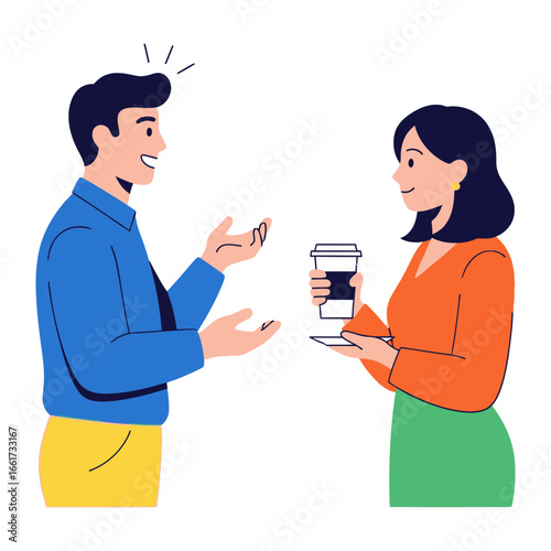 Sharing Coffee Moment: Illustration of a moment of connection between a man and woman, exchanging pleasantries alongside a coffee.