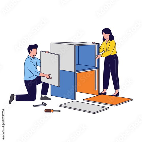 Collaborative Assembly: Two individuals work together, meticulously assembling a modern cabinet, showcasing teamwork and the process of building something new.