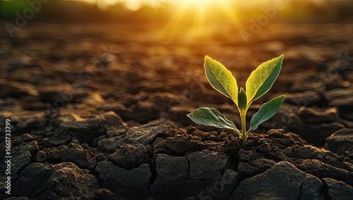 New sprout in cracked earth, golden light (2)