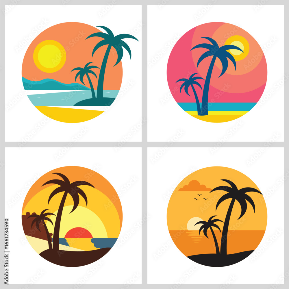 Fototapeta premium Tropical Sunset Beach Logo with Palm Trees | Summer Vacation Vector Design 