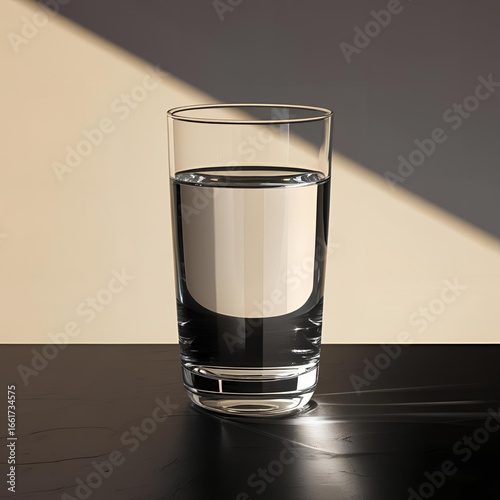 Clear glass of water on a black background with sunlight reflections, minimalistic still life, bright highlights and soft shadows