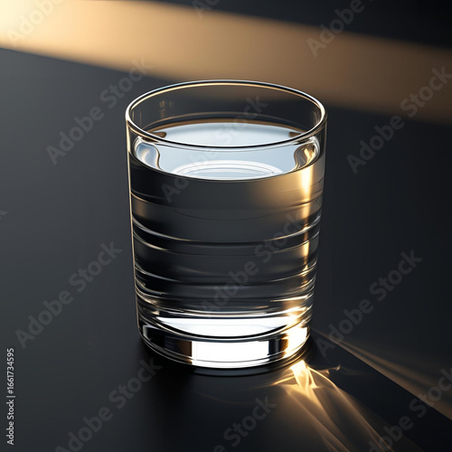 Clear glass of water on a black background with sunlight reflections, minimalistic still life, bright highlights and soft shadows
