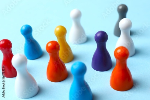 Colorful pawns on light background. Concept of Diversity, Inclusion and Equality, space for text