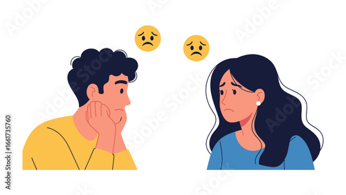 Sadness & Empathy: Illustration of a man and woman in a state of melancholy, with a focus on emotional vulnerability, highlighting empathy, understanding, and the human experience.
