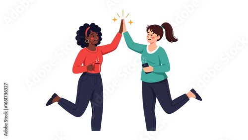 High Five Harmony: Two women celebrate their friendship with a high-five, representing togetherness and empowerment. This image conveys positive vibes and genuine camaraderie. 